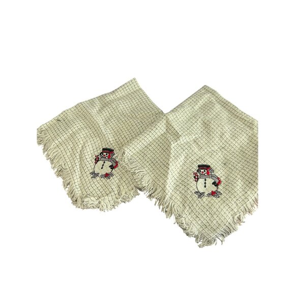 Set Of 2 Woven Snowman Embroidered Fabric Napkins Fringe Border 17" x 17" New - Picture 1 of 3
